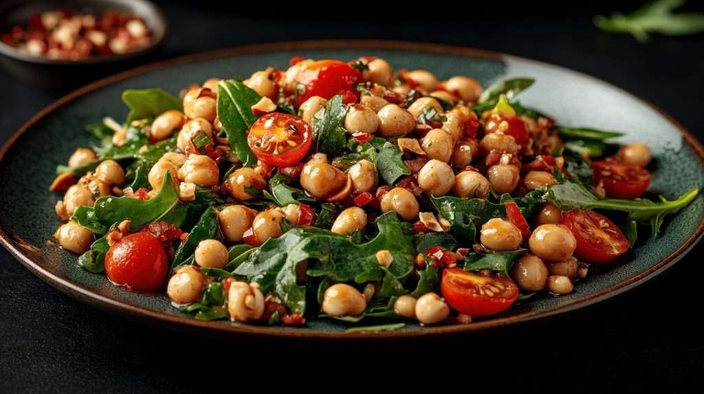 Vegan chickpea salad with leafy greens, cherry tomatoes, herbs, and red pepper flakes on a dark plate
