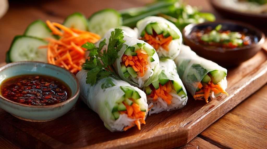 Vegan rice paper spring rolls with cucumber, carrots, rice noodles, cilantro, and dipping sauce on a wooden tray