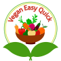 Circular logo for "Vegan Easy Quick" featuring a bowl of colorful vegetables and fruits, framed by green and yellow rings, with two green leaves at the bottom.