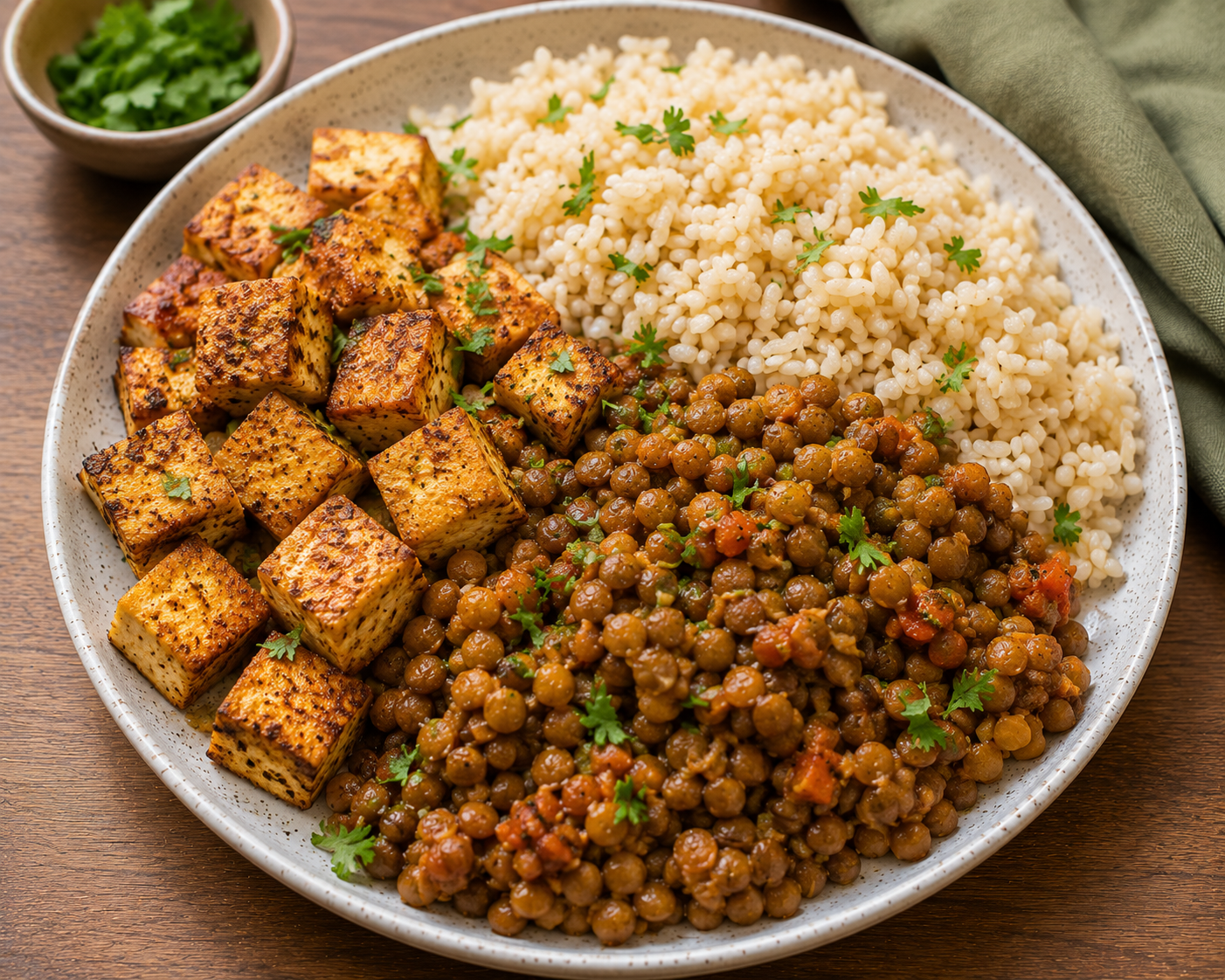 Budget high-protein vegan meal with lentils, tofu, and rice on a plate