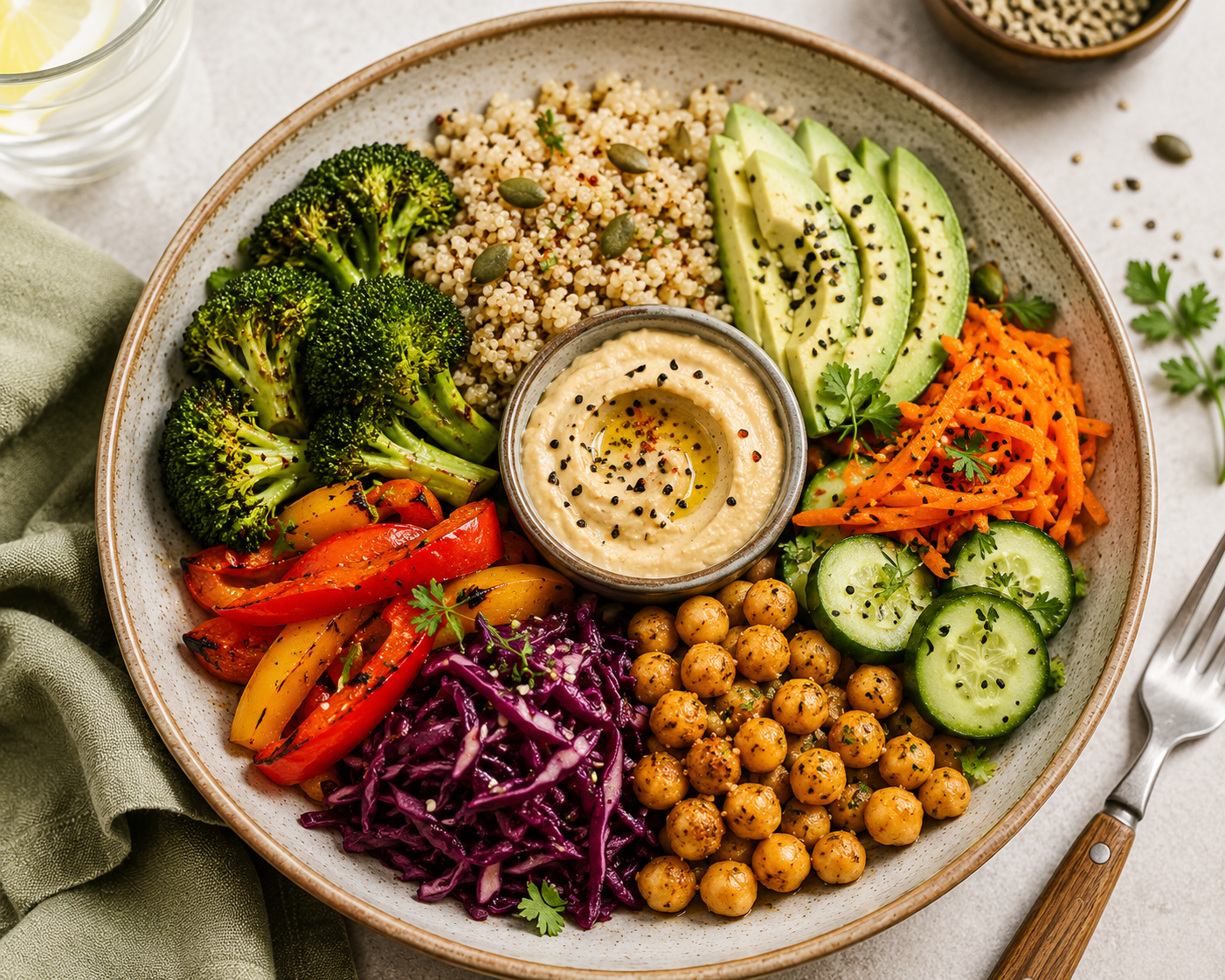 Single-serving quick vegan meal with fresh vegetables and grains plated for one