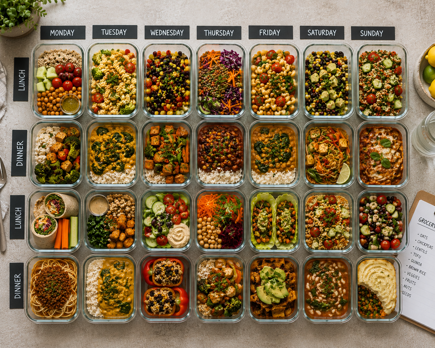 Meal prep containers filled with a week of plant-based family lunches and dinners