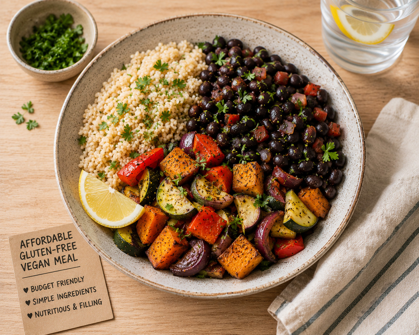 Affordable gluten-free vegan meal with rice, beans, and roasted vegetables