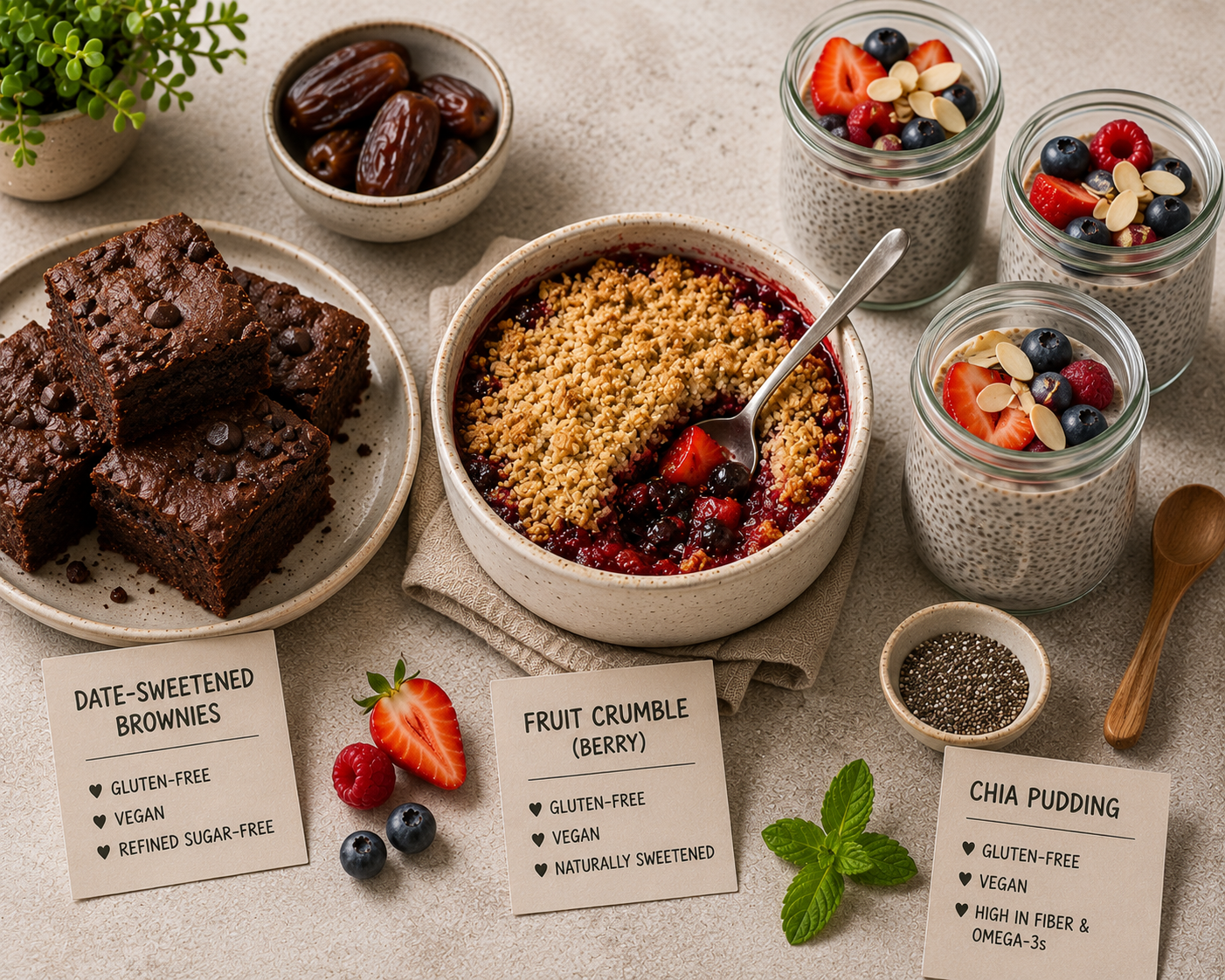 Assortment of gluten-free vegan desserts including date-sweetened brownies and fruit crumble