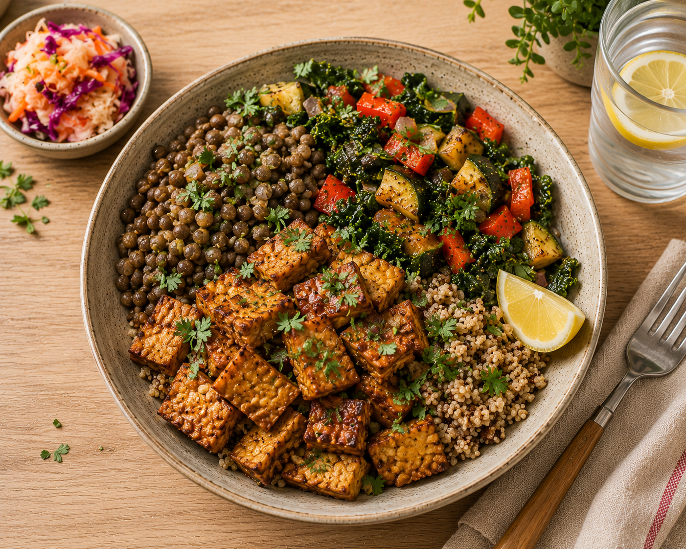 High-protein gut-healthy vegan dish with tempeh, lentils, and fermented vegetables