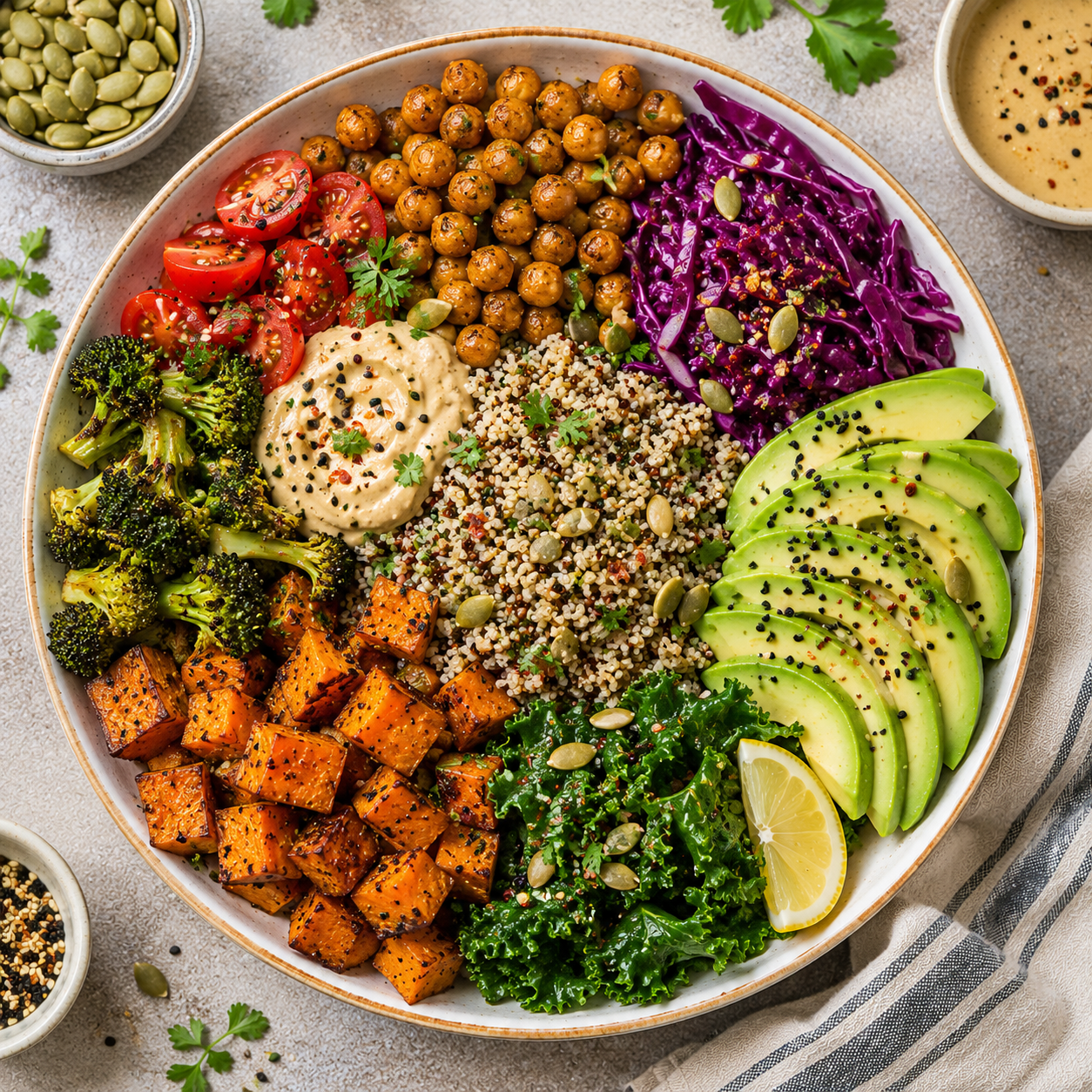Vegan power bowl packed with protein and fiber from chickpeas, quinoa, avocado, and vegetables