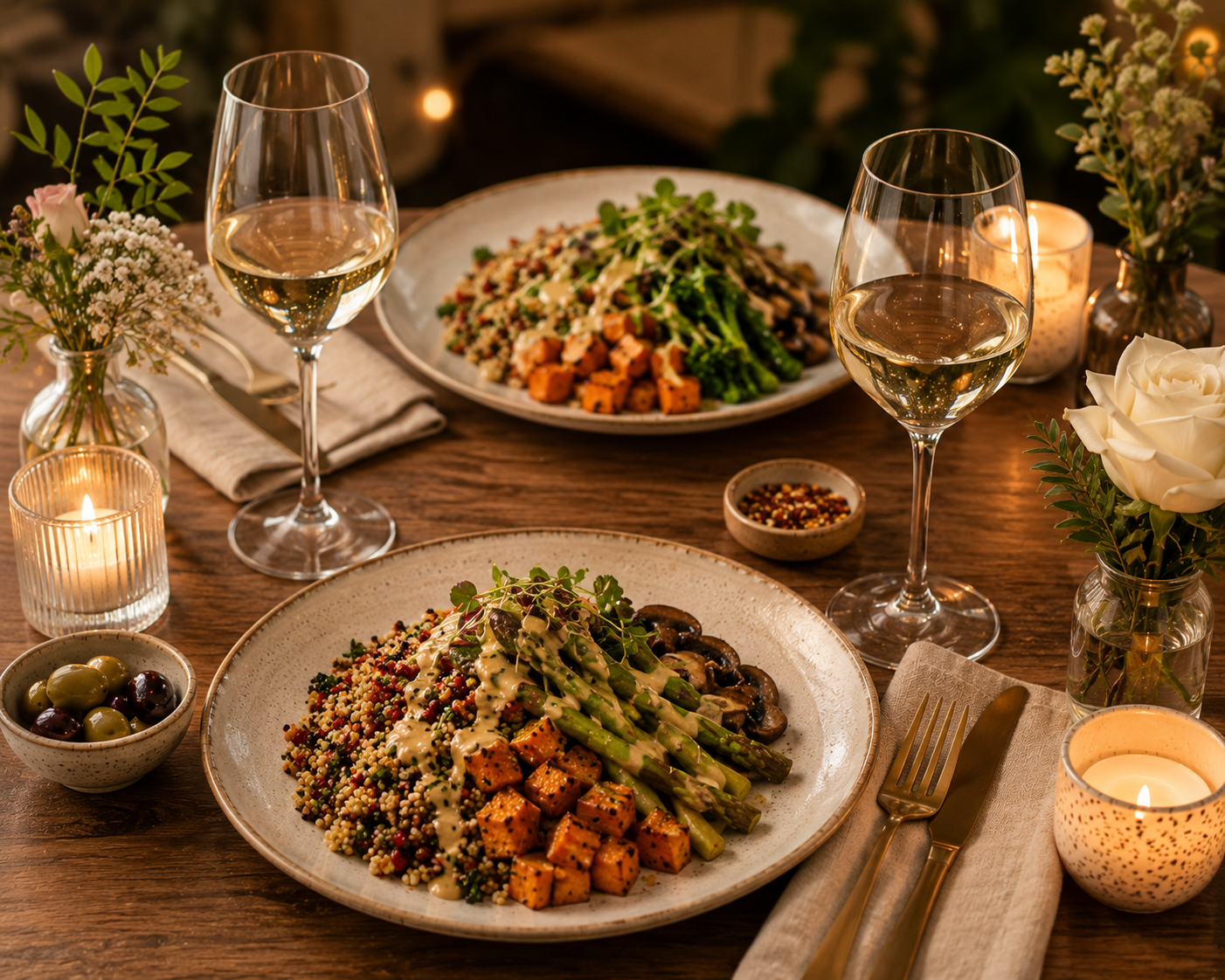 Elegant table for two with plated gluten-free vegan dinners, candles, and glasses.