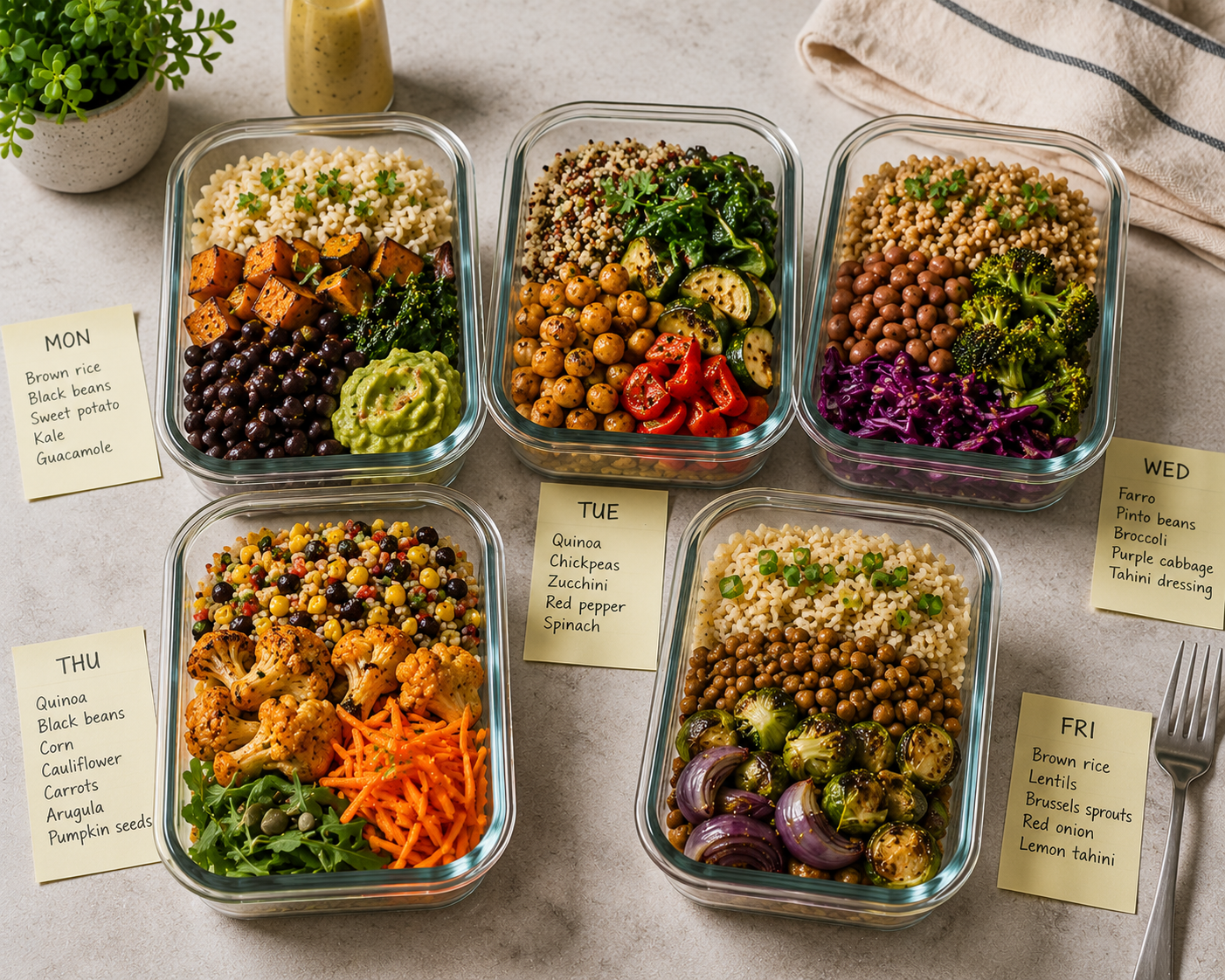 Meal-prepped high-fiber vegan lunches in containers with beans, grains, and vegetables