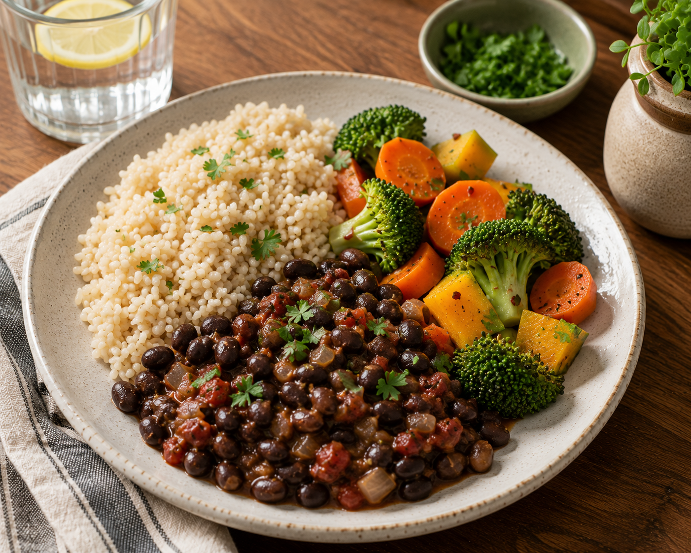 Affordable nutrient-rich vegan meal for seniors with beans, rice, and steamed vegetables