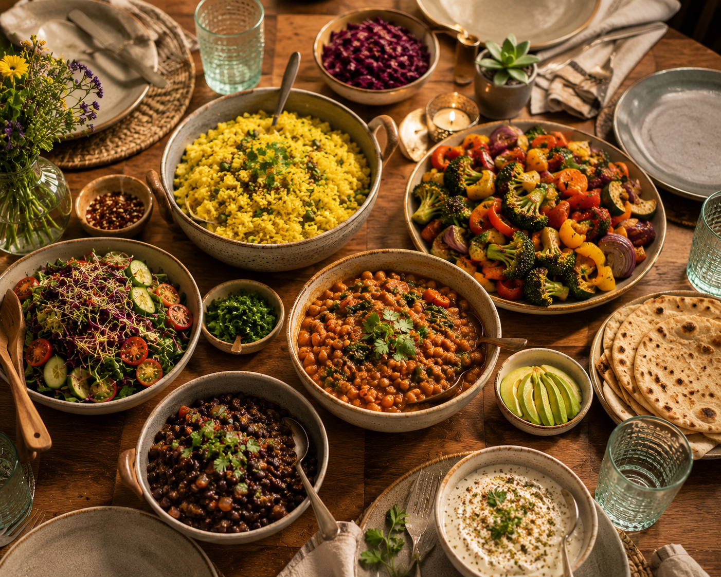 Family-style anti-inflammatory vegan dinner with turmeric rice and vegetables served at the table