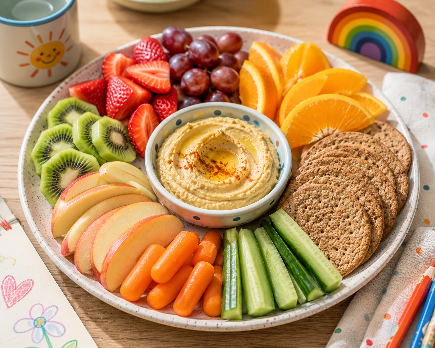 Kid-friendly vegan after-school snacks with fruit, hummus, and whole-grain crackers