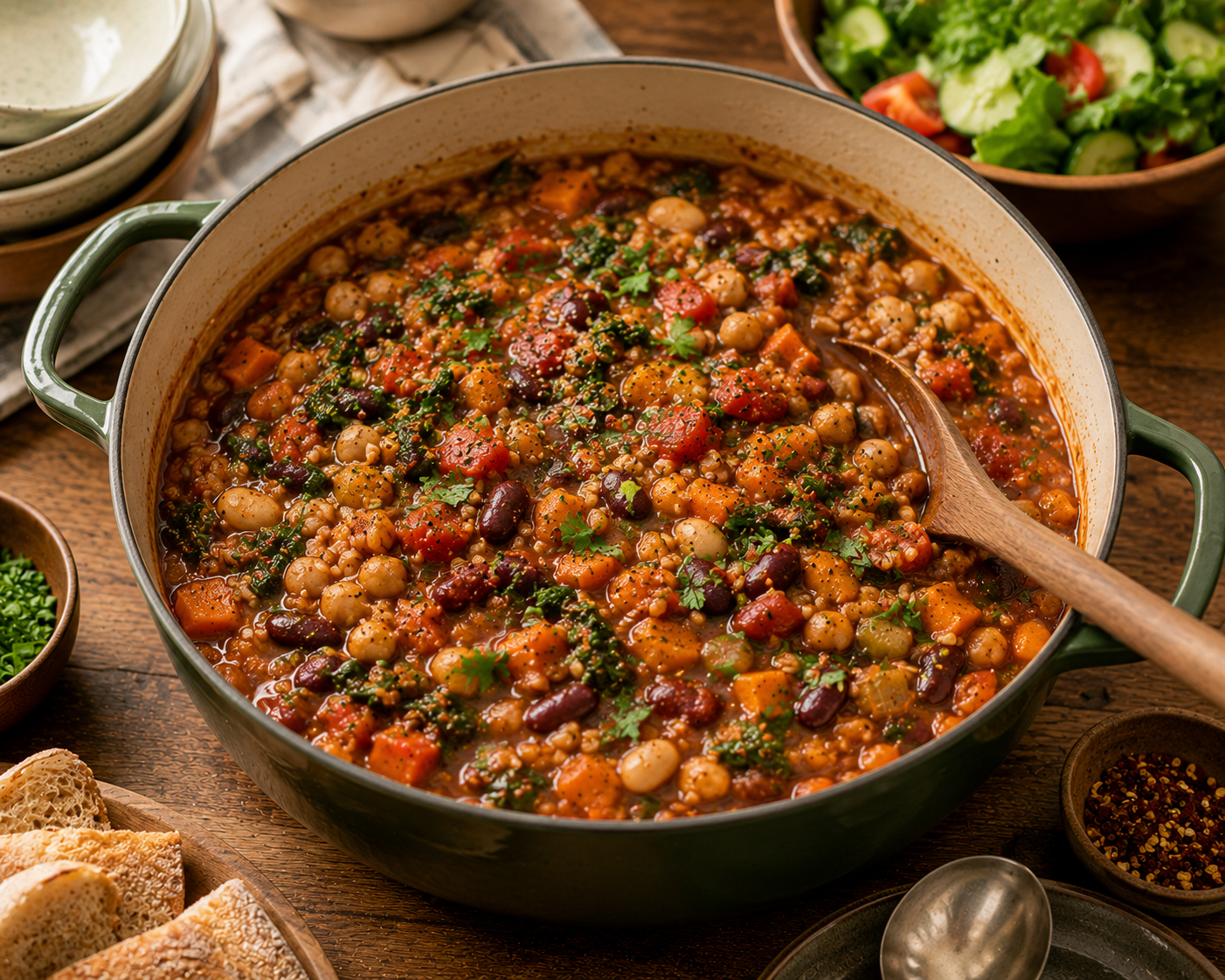 Large one-pot vegan family meal with beans, grains, and vegetables ready to serve