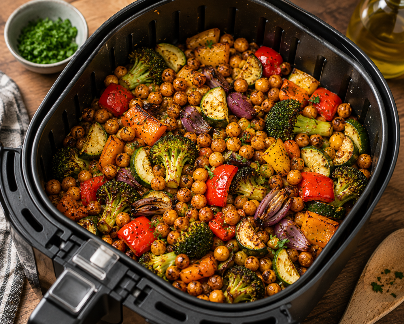 Crispy gluten-free vegan air fryer vegetables and chickpeas in an air fryer basket