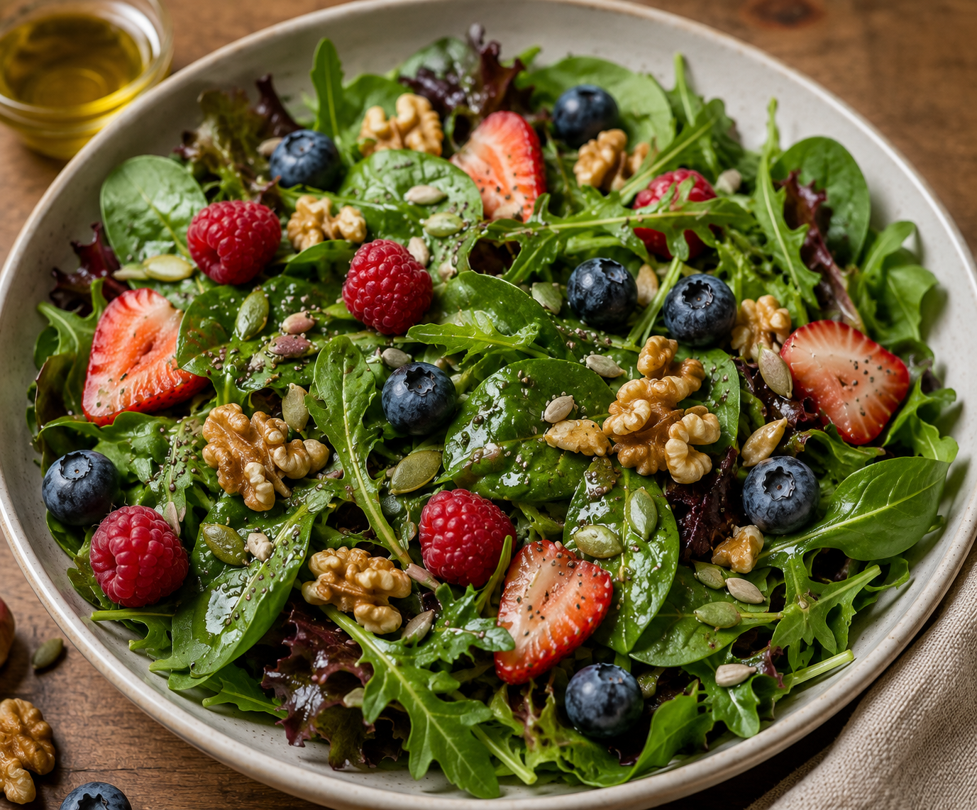 Fresh anti-inflammatory vegan salad with leafy greens, berries, walnuts, and seeds