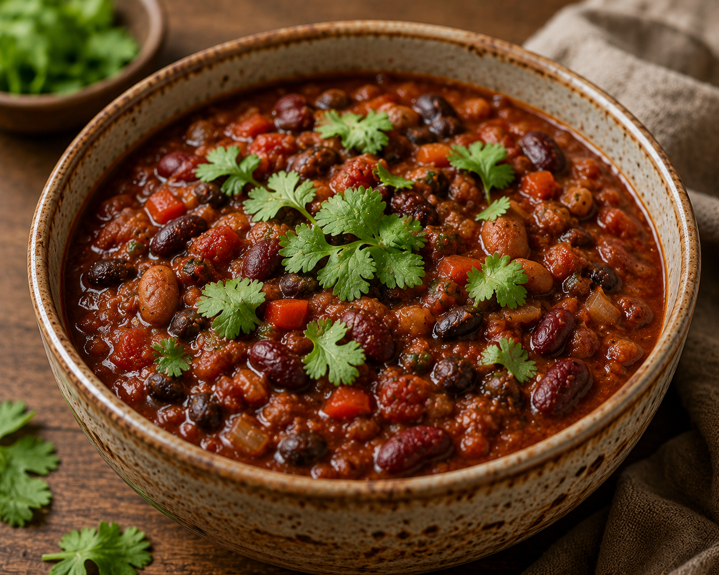 Hearty high-fiber vegan chili with beans and vegetables in a rustic bowl