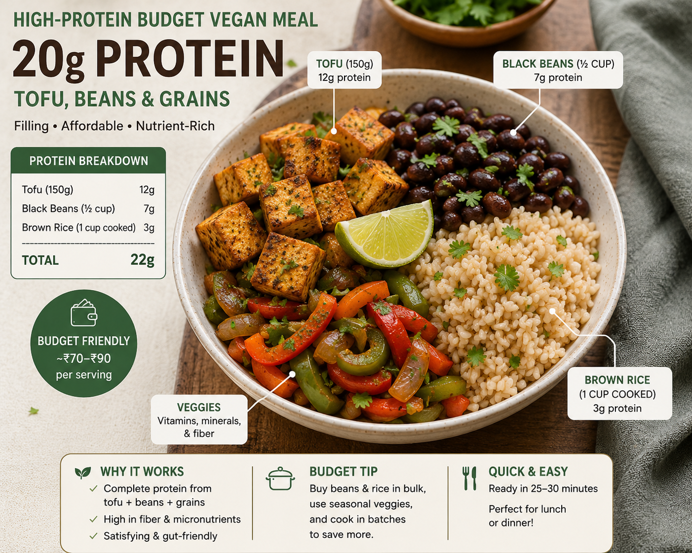 High-protein budget vegan meal with tofu, beans, and grains delivering 20g protein