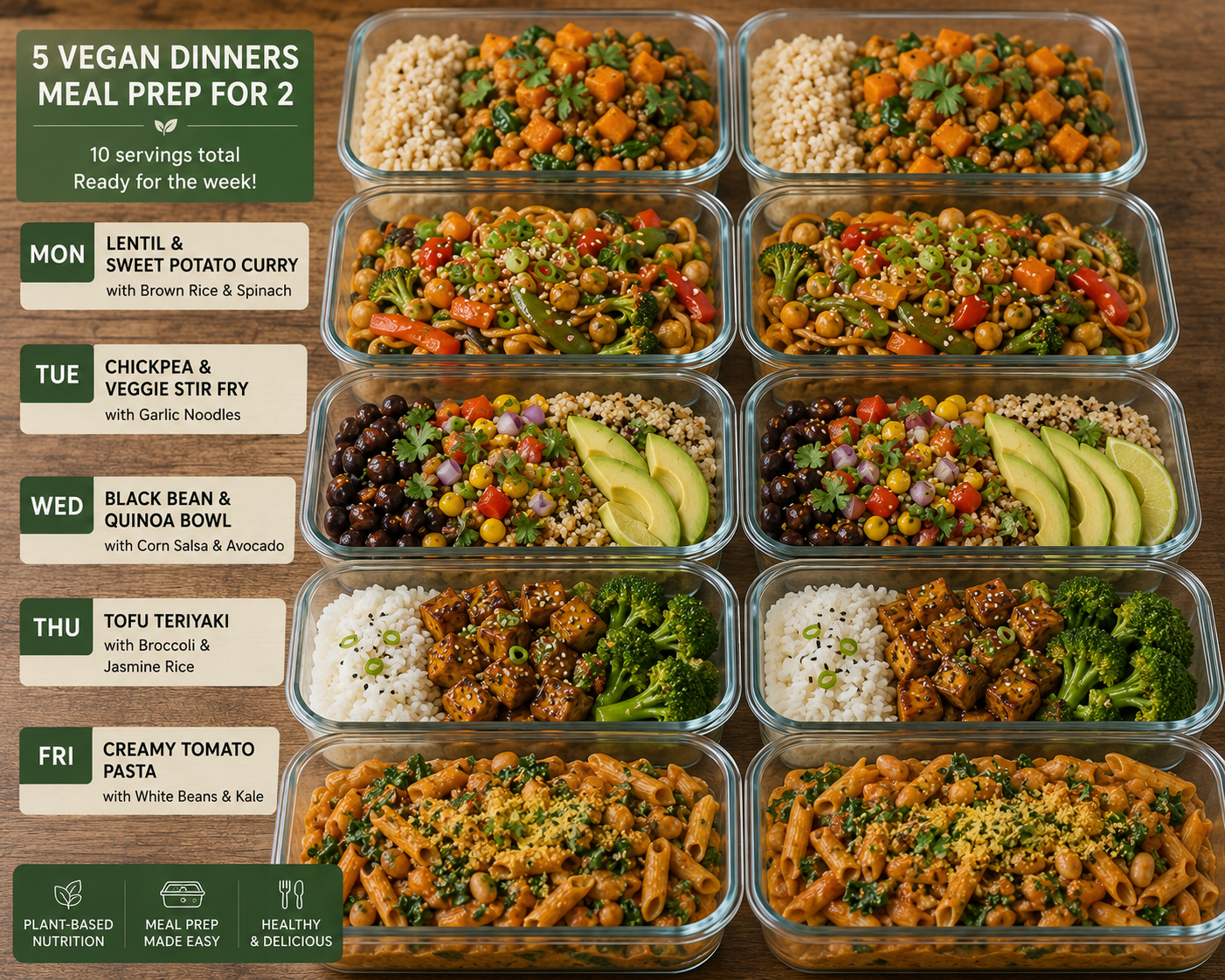 Meal prep containers with five budget vegan dinners for two people