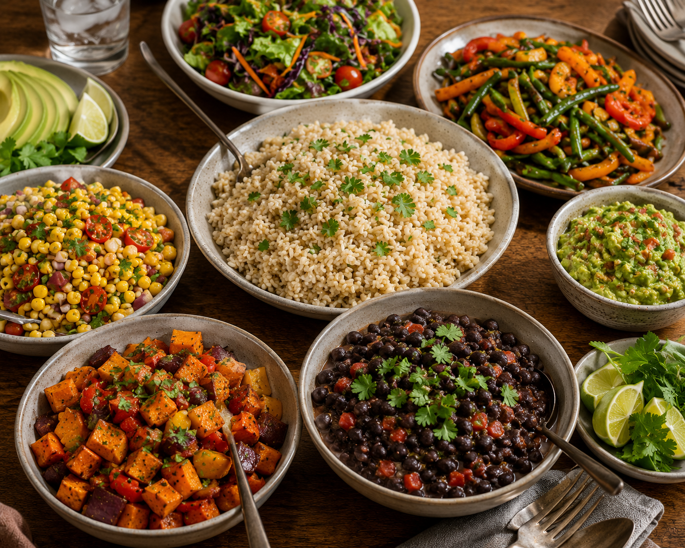 Gluten-free vegan family dinner spread with rice, beans, and colorful vegetables