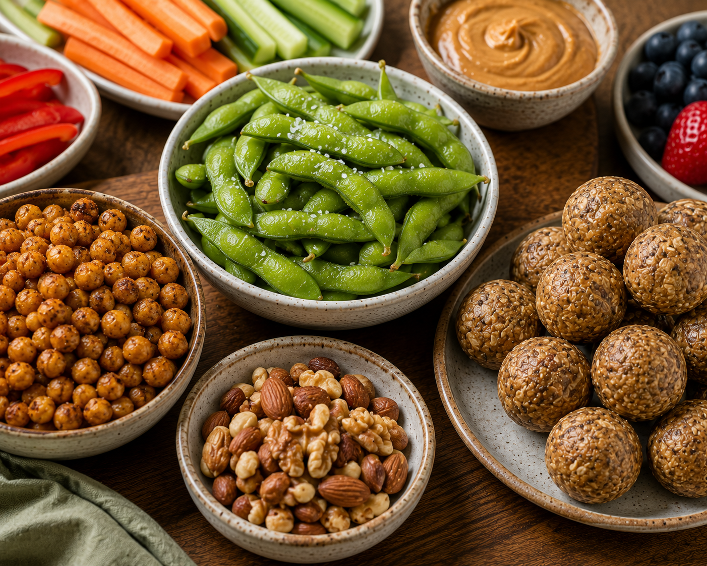 High-protein vegan snacks including edamame, roasted chickpeas, and peanut butter energy balls