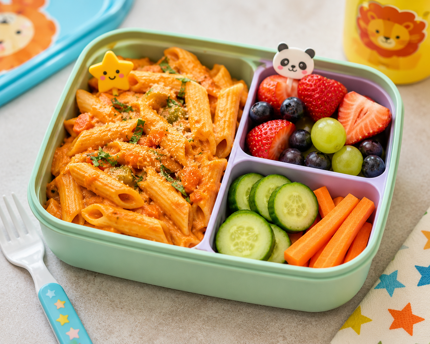 Kid-friendly high-fiber vegan lunch with hidden-veggie pasta and fruit