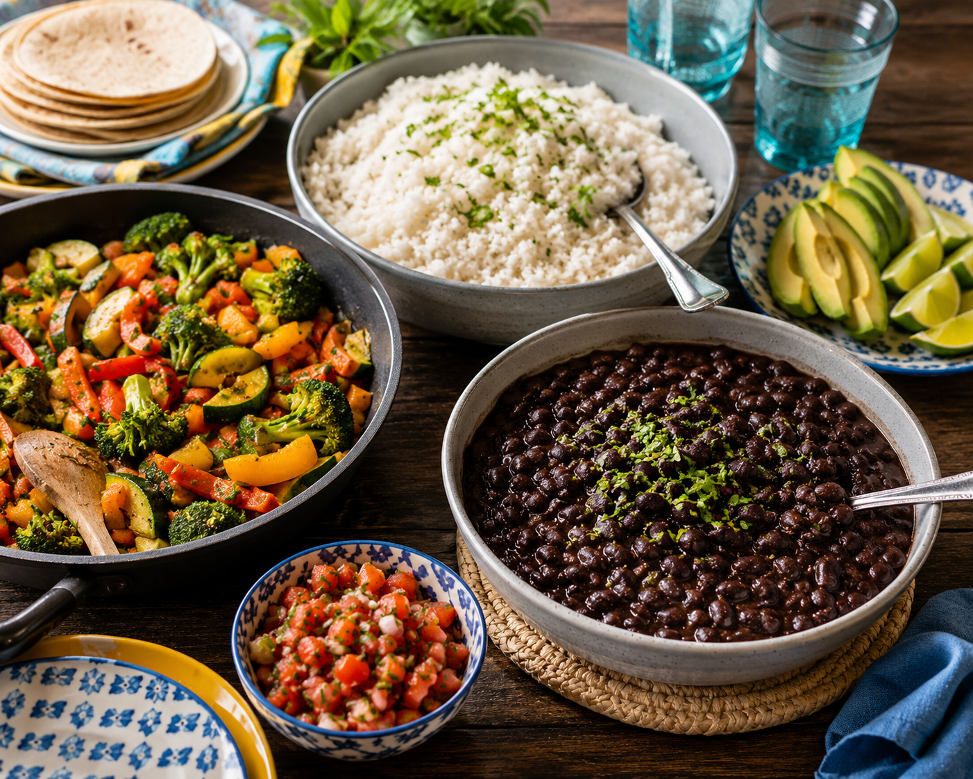 Budget-friendly vegan family dinner with rice, beans, and vegetables served family-style