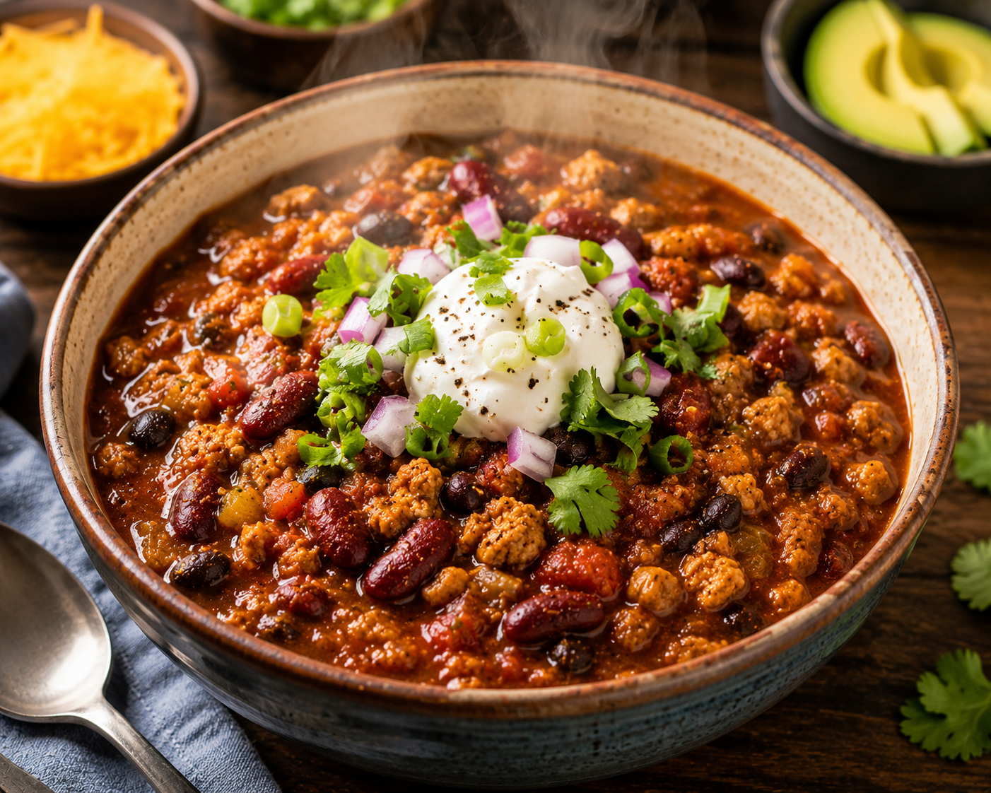 Hearty vegan chili bowl with beans and soy delivering 39 grams of protein