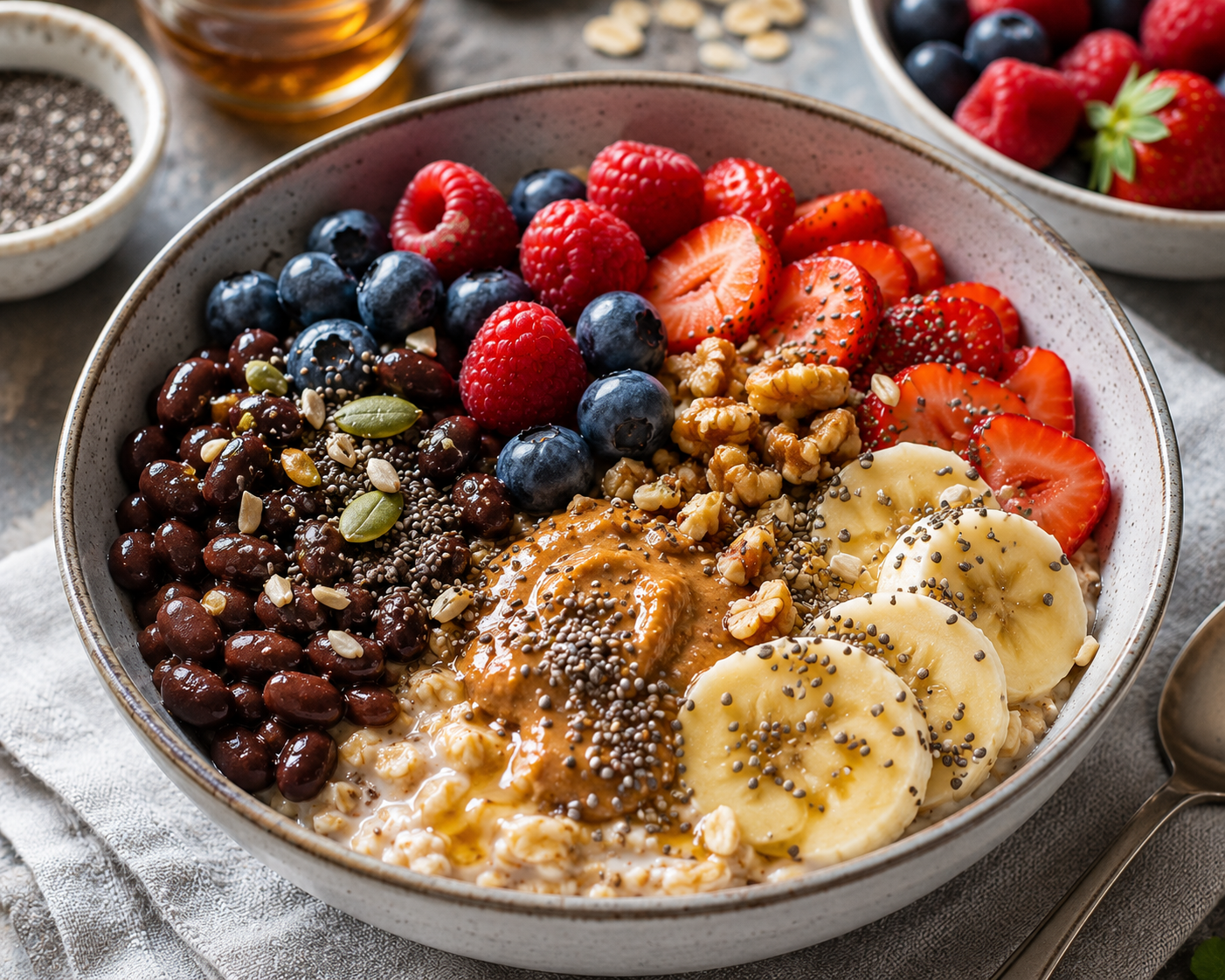 Fibermaxxing breakfast bowl with oats, chia seeds, berries, and beans delivering 33.5g fiber