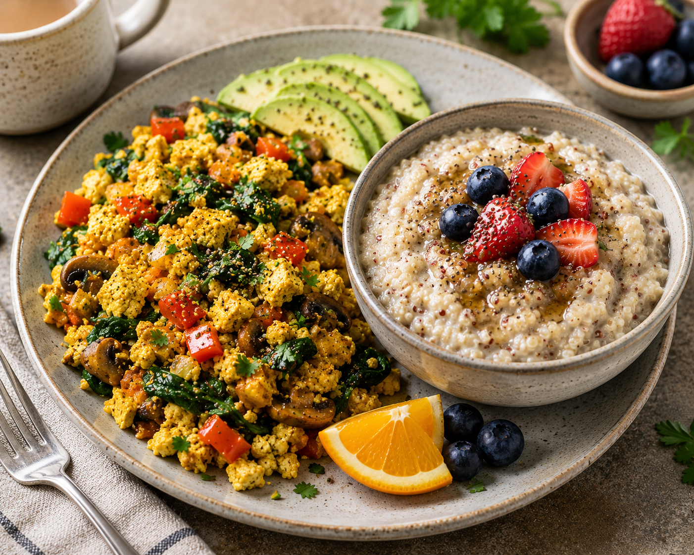 Gluten-free high-protein vegan breakfast with tofu scramble and quinoa porridge