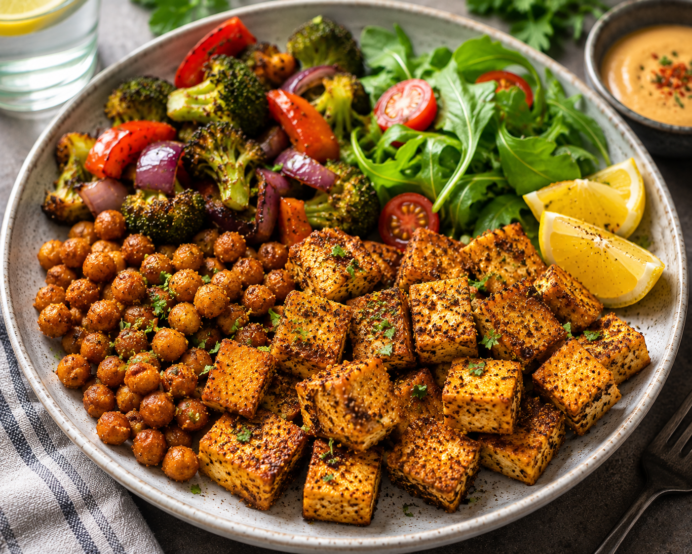 Crispy air fryer tofu and chickpea dinner with 20 grams of plant protein