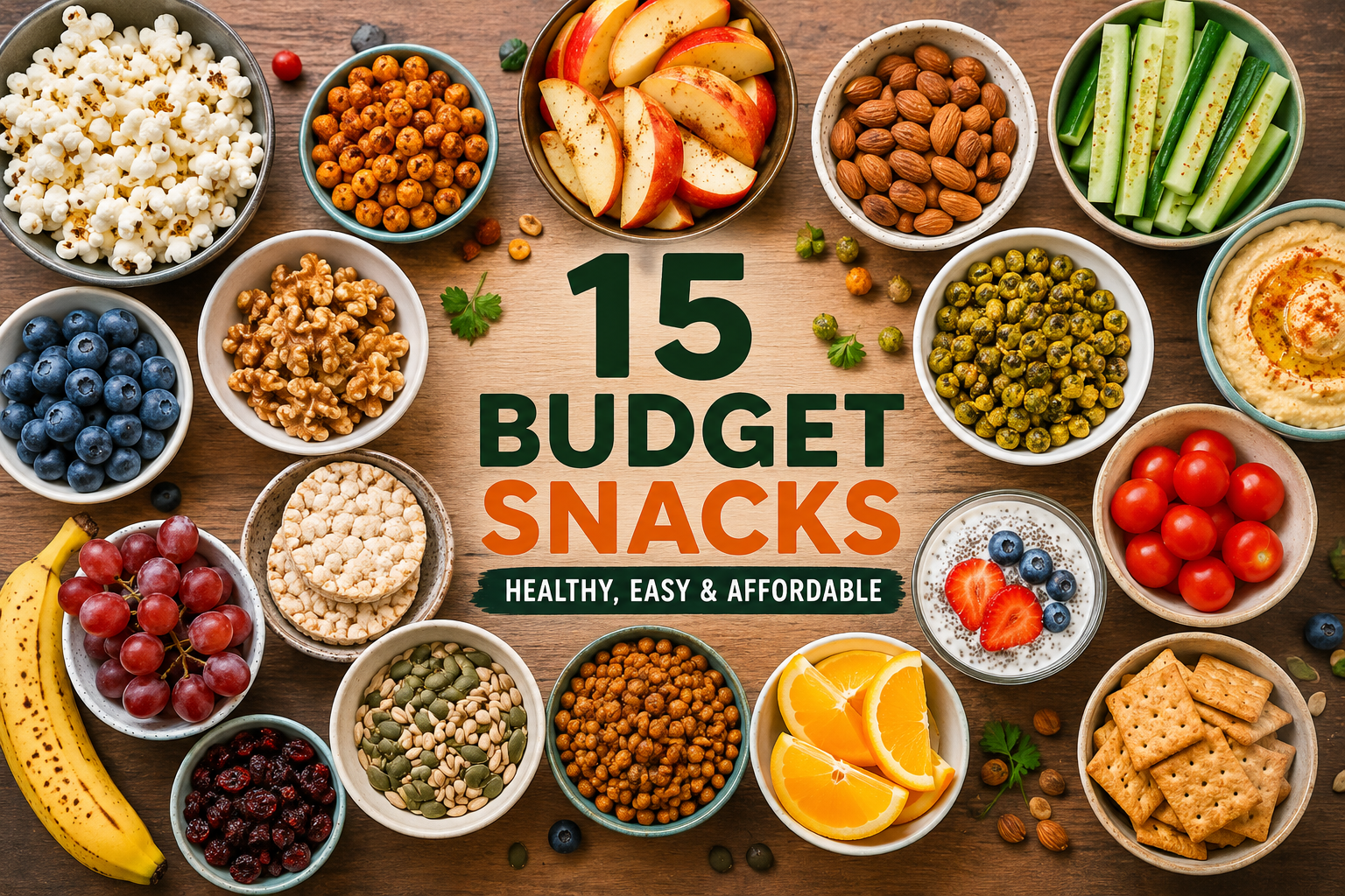 Fifteen budget vegan snacks arranged on a table including fruit, nuts, and roasted legumes