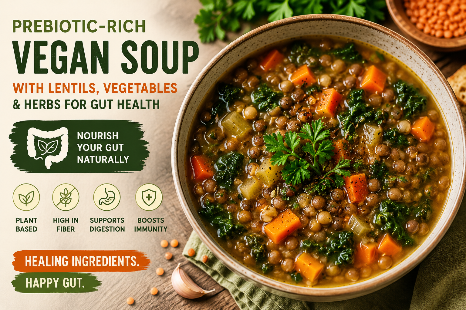 Prebiotic-rich vegan soup with lentils, vegetables, and herbs for gut health