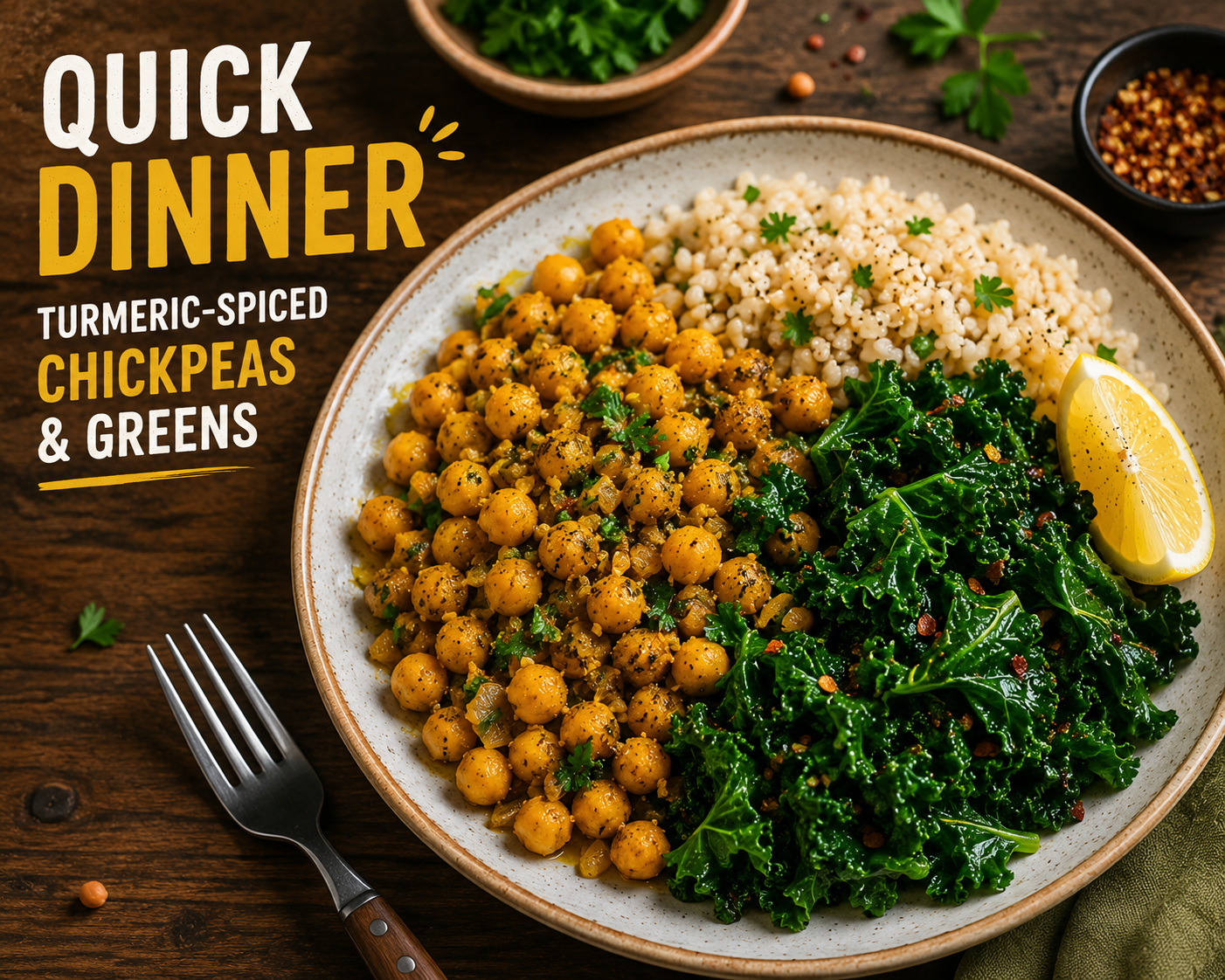 Quick anti-inflammatory vegan dinner with turmeric, greens, and chickpeas ready in 15 minutes