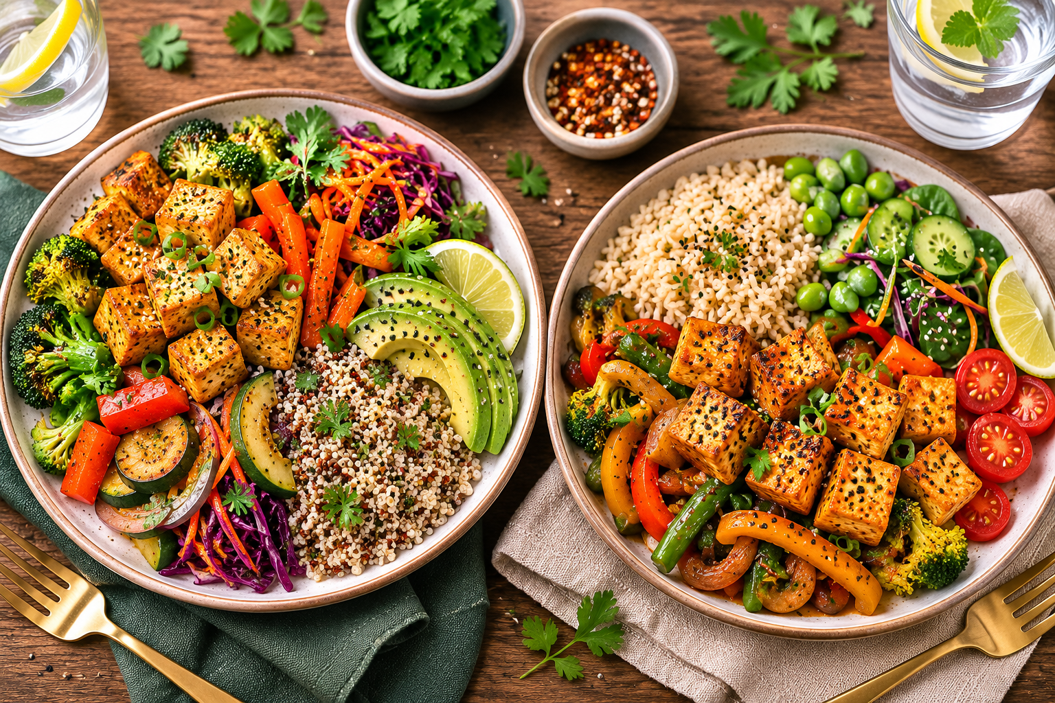 Two plates of high-protein vegan dinner with tofu and vegetables for a couple