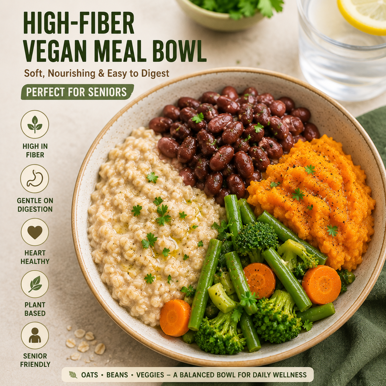 High-fiber vegan meal bowl with oats, beans, and soft vegetables for seniors