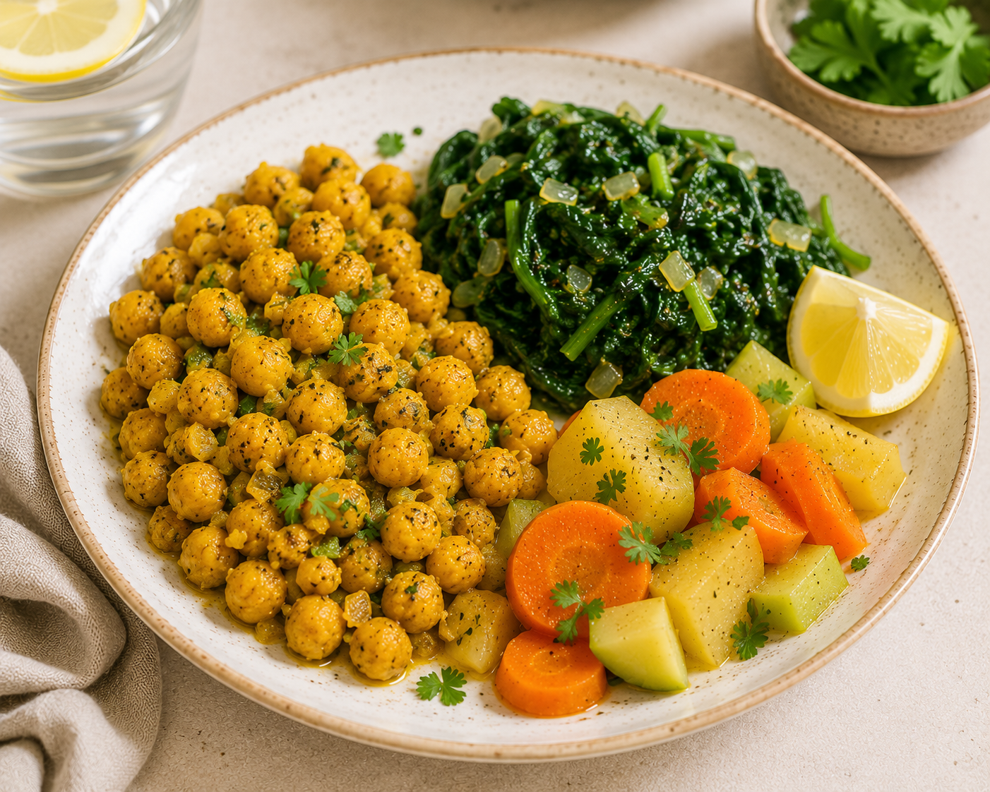 Anti-inflammatory vegan meal with turmeric, leafy greens, and legumes for seniors