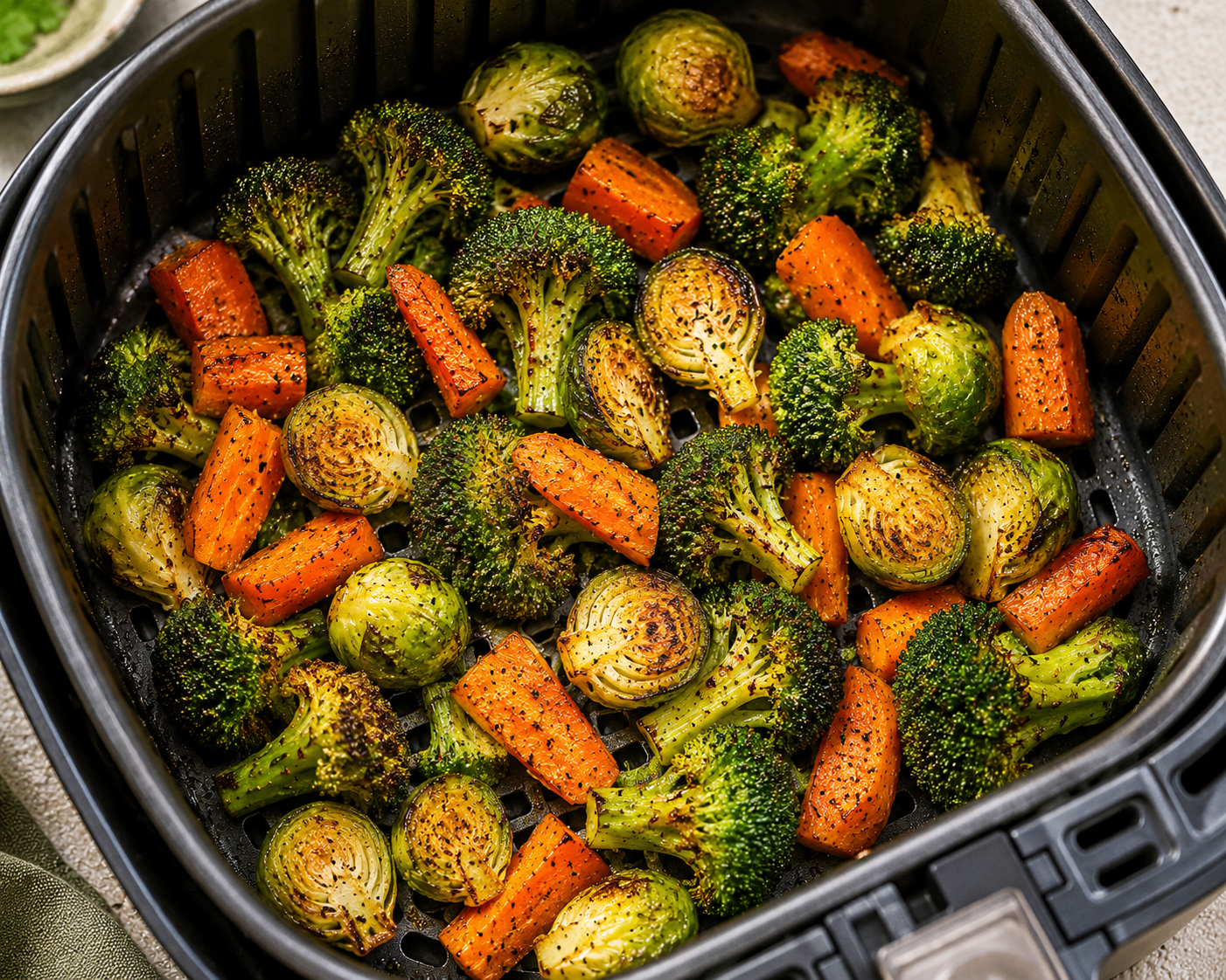 Crispy air fryer vegetables including broccoli, carrots, and Brussels sprouts in a basket