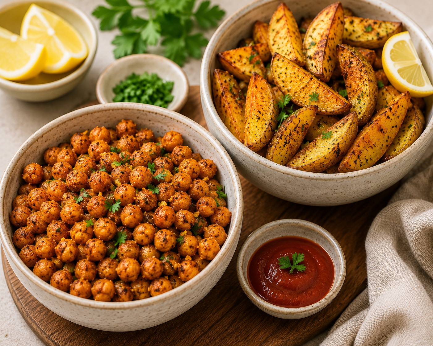 Crispy budget vegan air fryer snacks including chickpeas and potato wedges