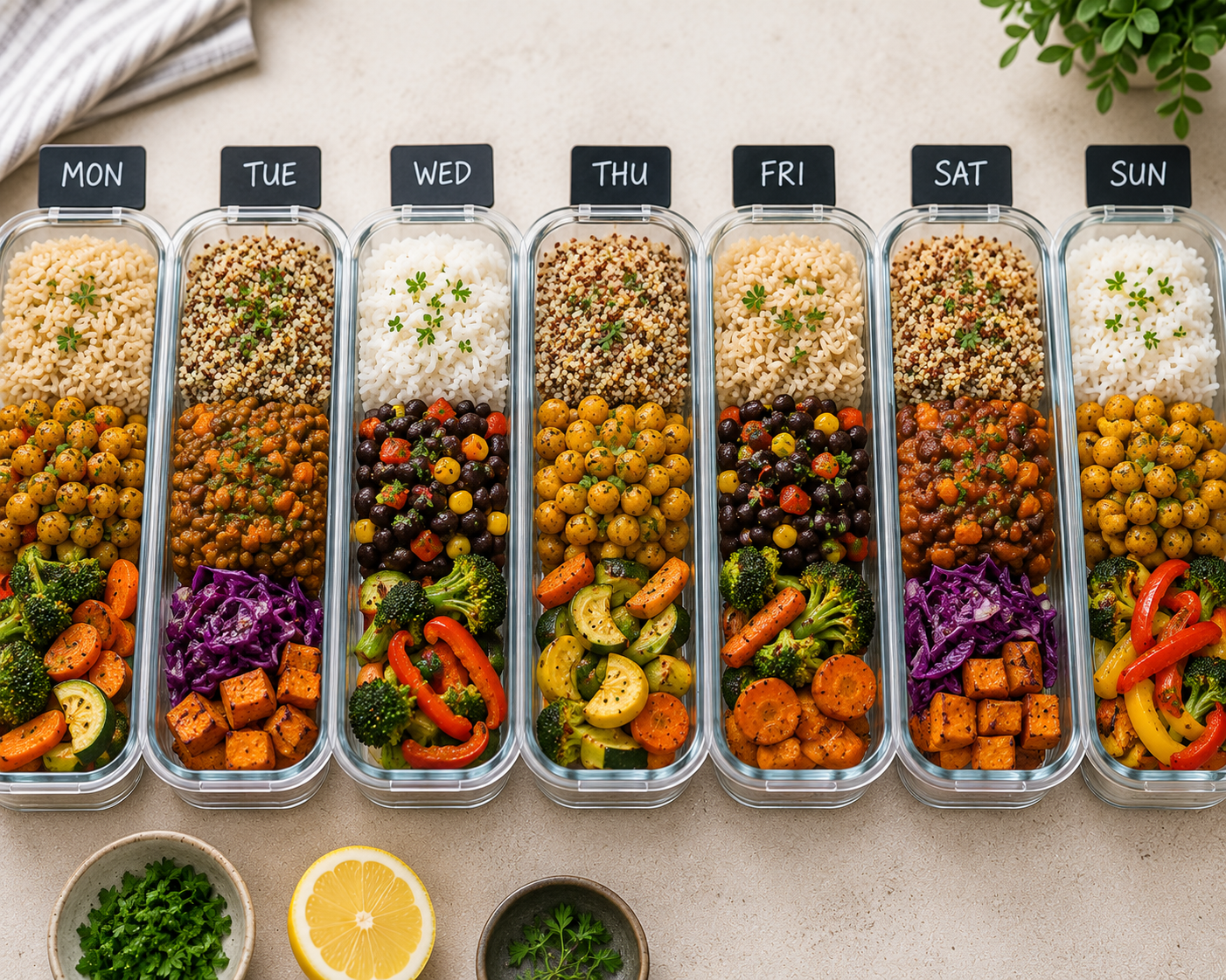 Week of gluten-free vegan meal prep lunches in containers with rice, quinoa, and vegetables