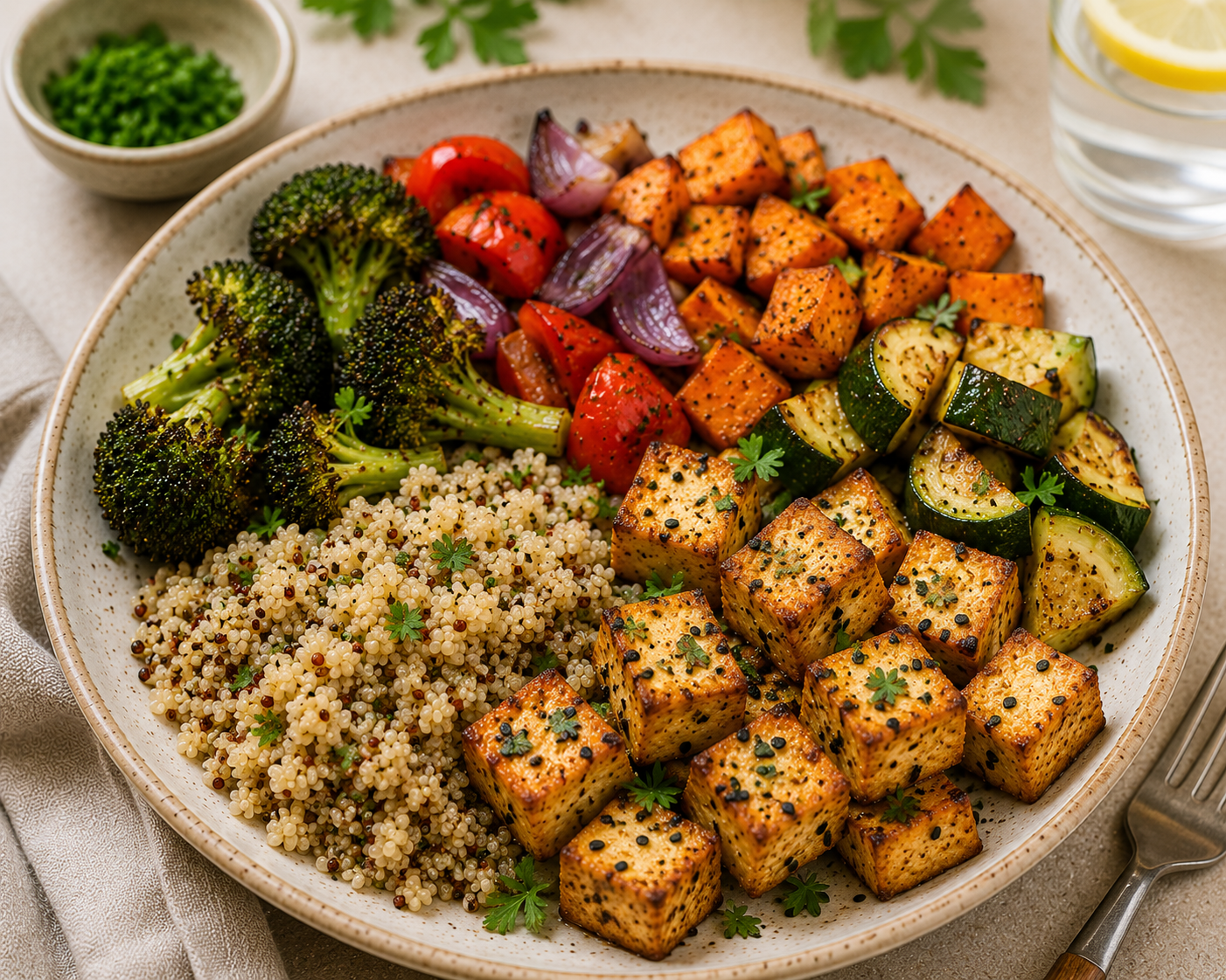 Gluten-free high-protein vegan dinner with tofu, quinoa, and roasted vegetables