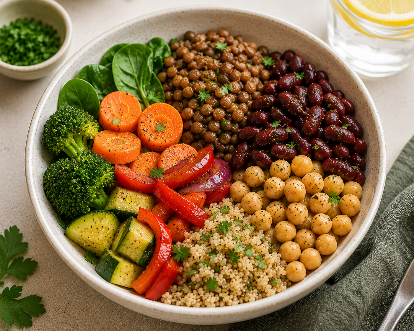 Affordable high-fiber vegan meal with beans, lentils, and vegetables in a bowl